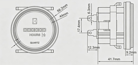 Generator hour meter dimension drawing showing precise product measurements.