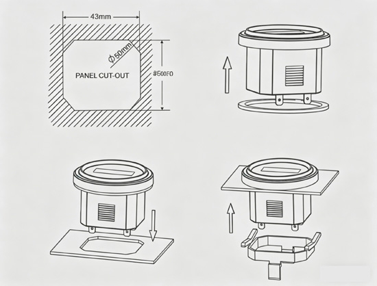 Mechanical installation and wiring guide for generator hour meter.