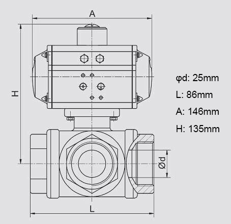 3 Way 1 inch Pneumatic Actuated Stainless Steel Ball Valve Body Dimension