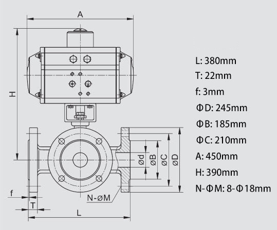 3 Way 5 inch  Pneumatic Actuated Flanged Type Ball Valve Body Dimension