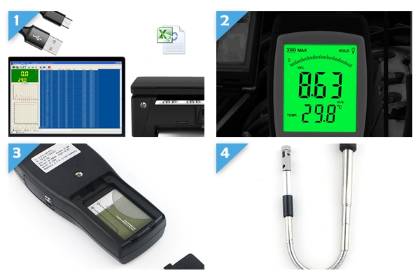 Hot wire anemometer features