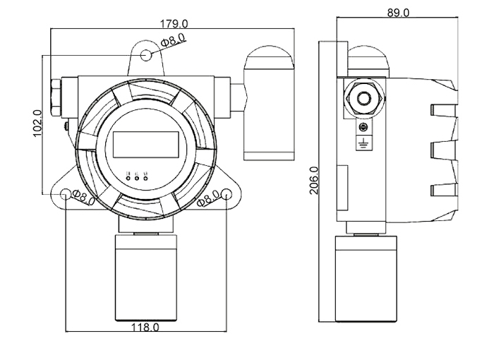 Fixed gas monitor with alarm dimension