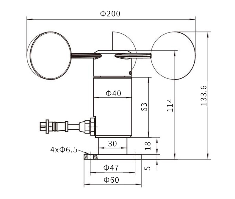 Aluminum 3 cup anemometer dimension