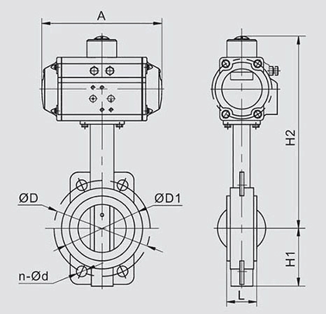 Body Dimension of 10 inch Pneumatic Actuated Wafer Type Butterfly Valve