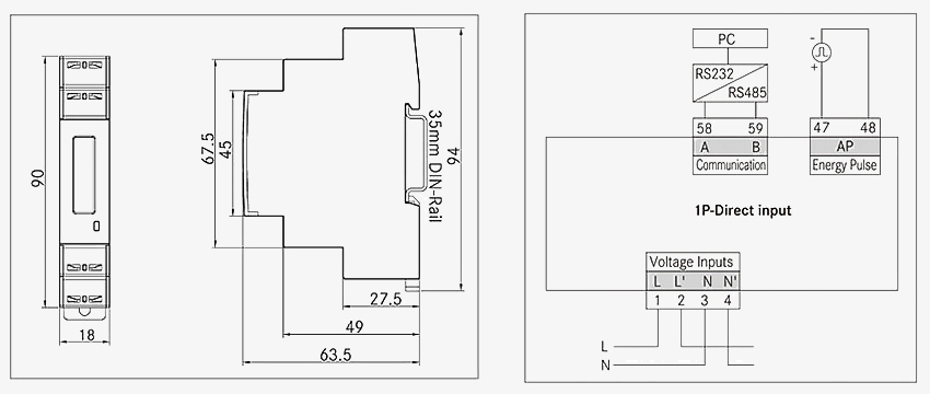 Dimension and wiring of single phase digital energy meter