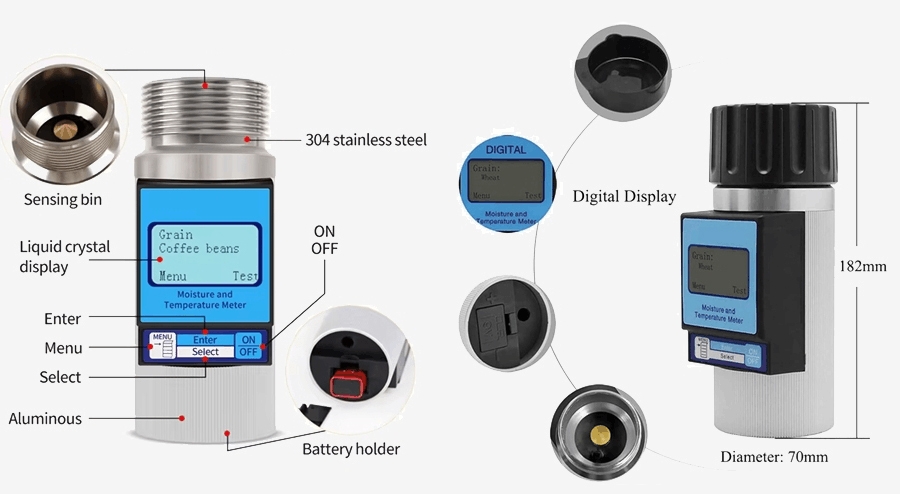 Handheld humidity meter for grain detail and size