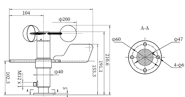 Intergrated 3 cup anemometer dimension