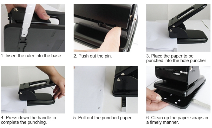 Metal 2-hole paper punch 70 sheets usage instruction