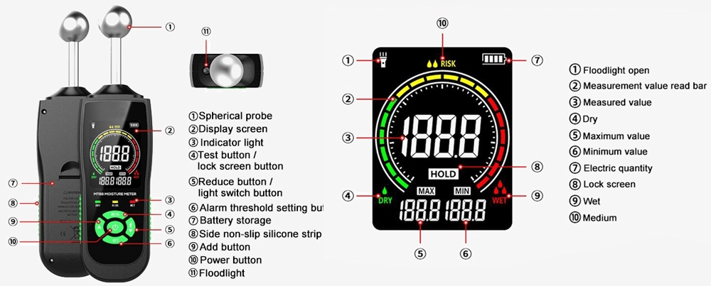 Moisture meter for walls interface display