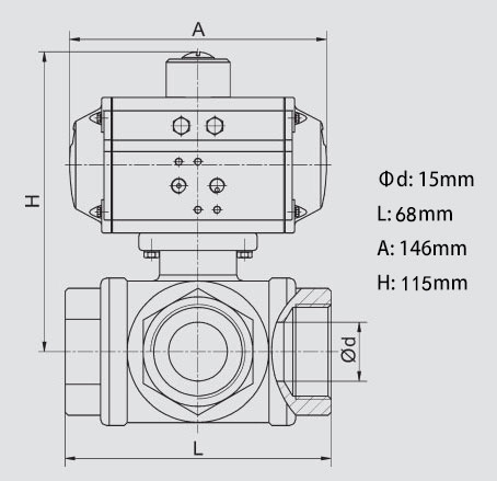 Three Way Pneumatic Actuated Stainless Steel Ball Valve Body Dimension